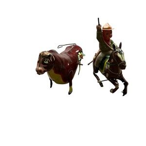 Vintage 1930s tin toys Ferdinand the bull and cowboy set of two